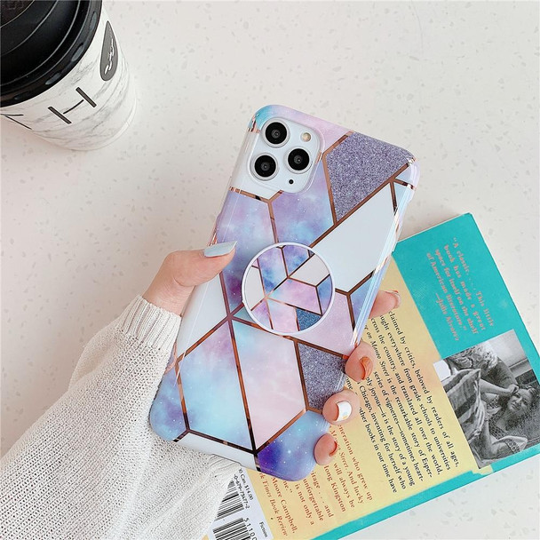 iPhone 11 Plating Colorful Geometric Pattern Mosaic Marble TPU Mobile Phone Case with Folding Bracket(Blue PF4)