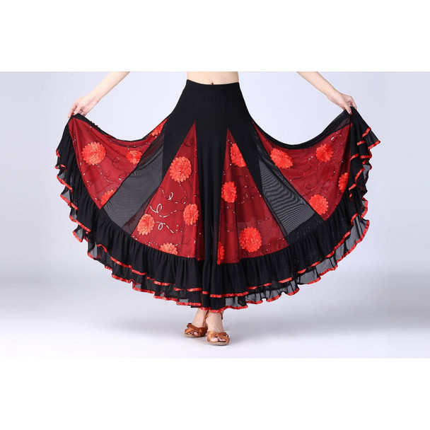 Sequin Flower Swing Modern Dance Skirt (Color:Red Size:Free Size)