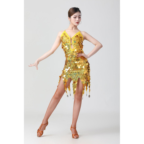 Sling Sequin Deep V Latin Dance Dress Competition Performance Costume (Color:Yellow Size:Free Size)