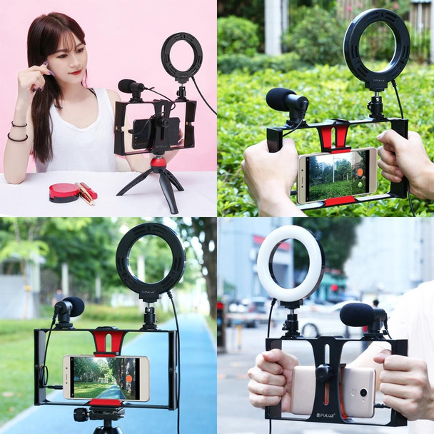 PULUZ 4 in 1 Vlogging Live Broadcast Smartphone Video Rig + 4.7 inch 12cm RGBW Ring LED Selfie Light + Microphone + Pocket Tripod Mount Kits with Cold Shoe Tripod Head(Red)