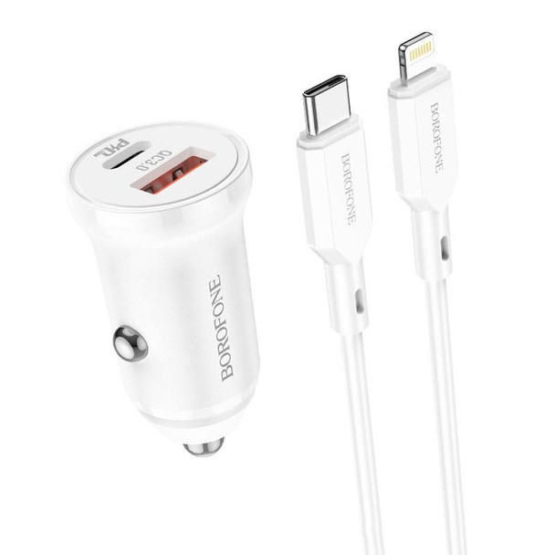 Borofone BZ18A PD20W+QC3.0 Car Charger with Type-C / USB-C to 8 Pin Charging Cable(White)