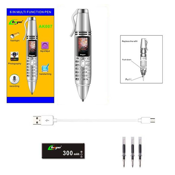AK007 Mobile Phone, Multifunctional Remote Noise Reduction Back-clip Recording Pen with 0.96 inch Color Screen, Dual SIM Dual Standby, Support Bluetooth, GSM, LED Light, Handwriting (Silver)