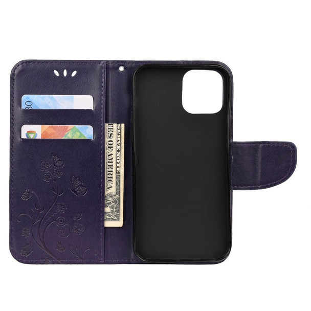 iPhone 12 / 12 Pro Butterfly Flower Pattern Horizontal Flip Leather Case with Holder & Card Slots & Wallet(Deep Purple)