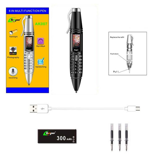 AK007 Mobile Phone, Multifunctional Remote Noise Reduction Back-clip Recording Pen with 0.96 inch Color Screen, Dual SIM Dual Standby, Support Bluetooth, GSM, LED Light, Handwriting(Black)