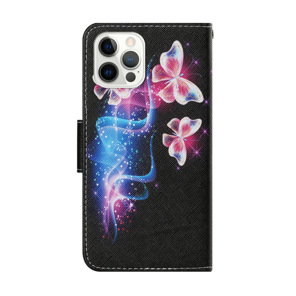 Coloured Drawing Pattern Leatherette Phone Case - iPhone 13 Pro Max(Three Fluorescent Butterflies)