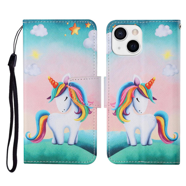 Colored Drawing Pattern Horizontal Flip Leatherette Phone Case - iPhone 13 mini(Rainbow Unicorn)