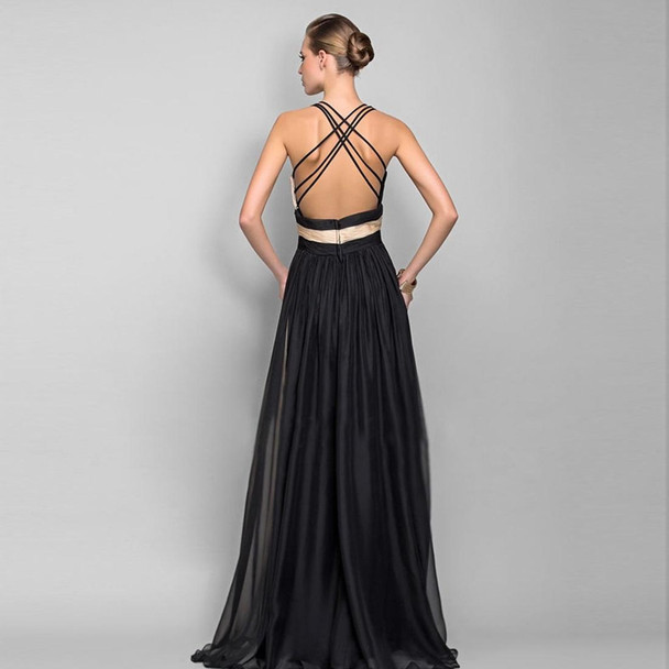 V-neck Open Back Contrast Party Dress (Color:Black Pink Size:L)