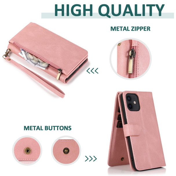 Skin-feel Crazy Horse Texture Zipper Wallet Bag Horizontal Flip Leather Case with Holder & Card Slots & Wallet & Lanyard - iPhone 12 / 12 Pro(Rose Gold)