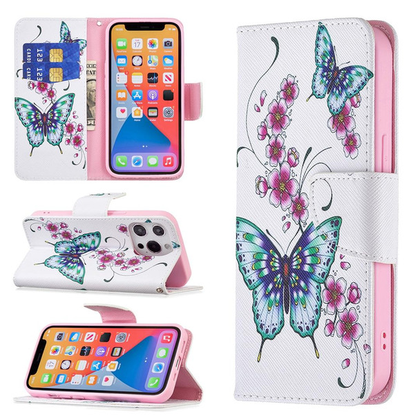 Colored Drawing Pattern Horizontal Flip Leatherette Case with Holder & Card Slots & Wallet - iPhone 13 Pro Max(Peach Blossom and Butterfly)