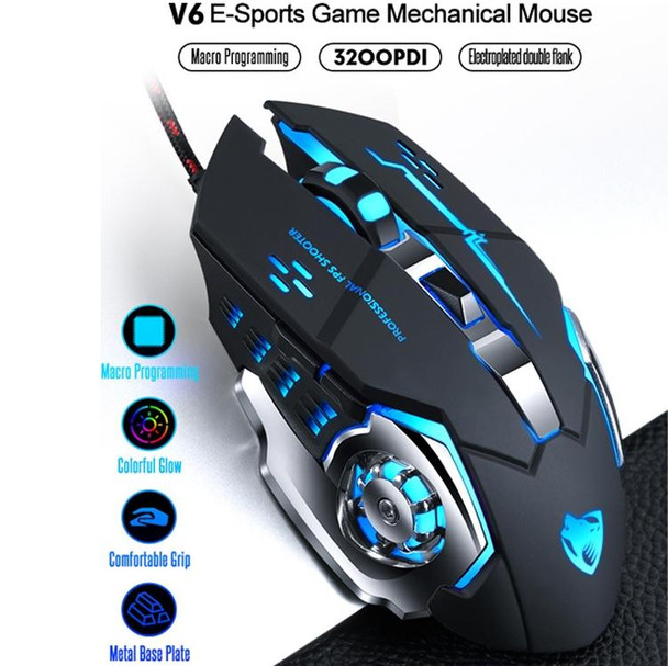T-WOLF V6 USB Interface 6-Buttons 3200 DPI Wired Mouse Gaming Mechanical Macro Programming 7-Color Luminous Gaming Mouse, Cable Length: 1.5m(Macro Definition Silent Version White)