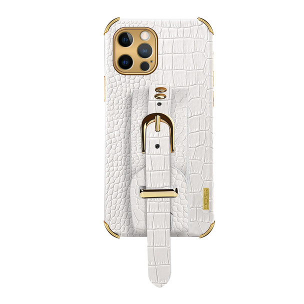 Electroplated TPU Crocodile Pattern Leatherette Case with Wrist Strap - iPhone 12 Pro Max(White)