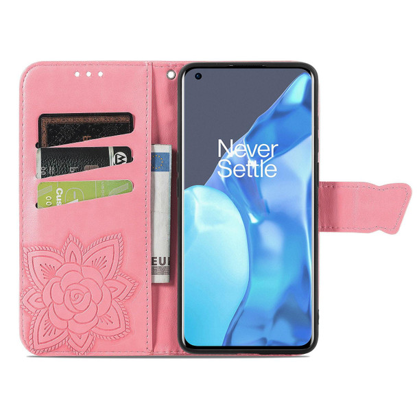 OnePlus 9 Pro Butterfly Love Flowers Embossed Horizontal Flip Leather Case with Holder & Card Slots & Wallet & Lanyard(Pink)