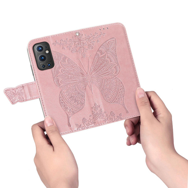 OnePlus 9 Pro Butterfly Love Flowers Embossed Horizontal Flip Leather Case with Holder & Card Slots & Wallet & Lanyard(Rose Gold)