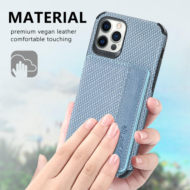 Carbon Fiber Magnetic Card Bag TPU+PU Shockproof Back Cover Case with Holder & Card Slot & Photo Frame -  iPhone 11 Pro Max(Blue)