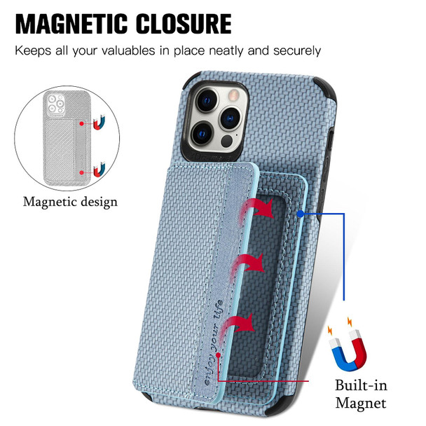 Carbon Fiber Magnetic Card Bag TPU+PU Shockproof Back Cover Case with Holder & Card Slot & Photo Frame -  iPhone 11 Pro Max(Blue)