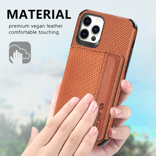 Carbon Fiber Magnetic Card Bag TPU+PU Shockproof Back Cover Case with Holder & Card Slot & Photo Frame -  iPhone 11 Pro Max(Brown)