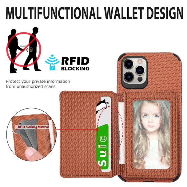 Carbon Fiber Magnetic Card Bag TPU+PU Shockproof Back Cover Case with Holder & Card Slot & Photo Frame -  iPhone 11 Pro Max(Brown)