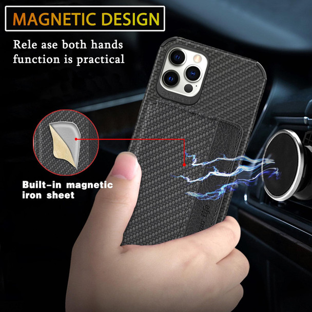 Carbon Fiber Magnetic Card Bag TPU+PU Shockproof Back Cover Case with Holder & Card Slot & Photo Frame - iPhone 11(Black)