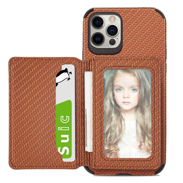 Carbon Fiber Magnetic Card Bag TPU+PU Shockproof Back Cover Case with Holder & Card Slot & Photo Frame - iPhone 11(Brown)