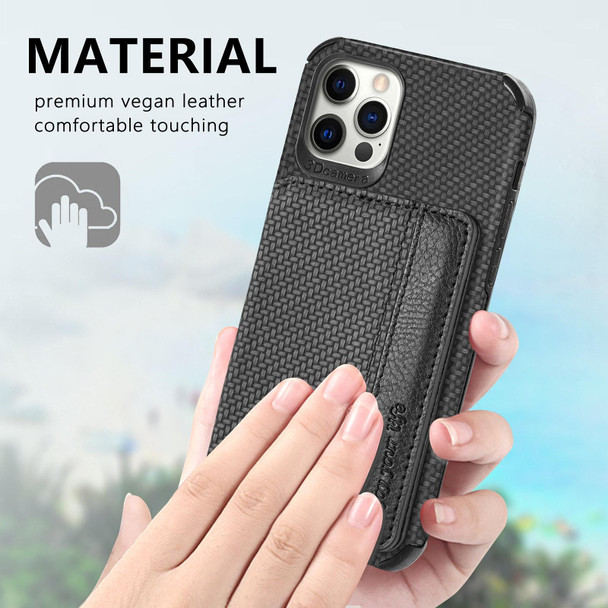 Carbon Fiber Magnetic Card Bag TPU+PU Shockproof Back Cover Case with Holder & Card Slot & Photo Frame - iPhone 12 / 12 Pro(Black)