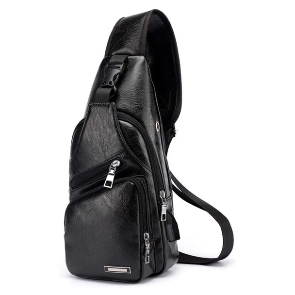 Waterproof Leisure PU Leather Single Shoulder Bag Men Chest Bag with USB Charging Port and Headphone Hole(Black)