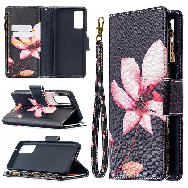 Samsung Galaxy S20 FE 5G / S20 Lite Colored Drawing Pattern Zipper Horizontal Flip Leather Case with Holder & Card Slots & Wallet(Lotus)