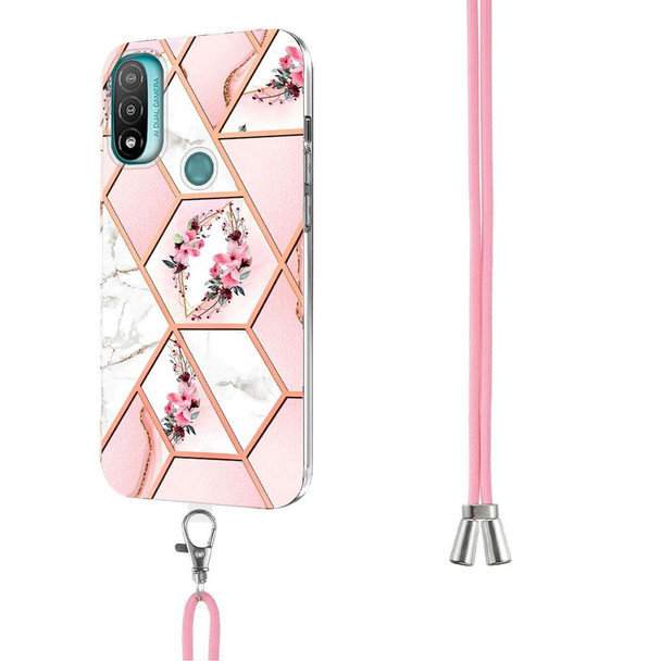 Motorola Moto E20 / E30 / E40 Splicing Marble Flower Pattern TPU Phone Case with Lanyard(Pink Flower)