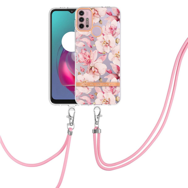 Motorola Moto G30 / G20 / G10 / G10 Power Flowers Series TPU Phone Case with Lanyard(Pink Gardenia)