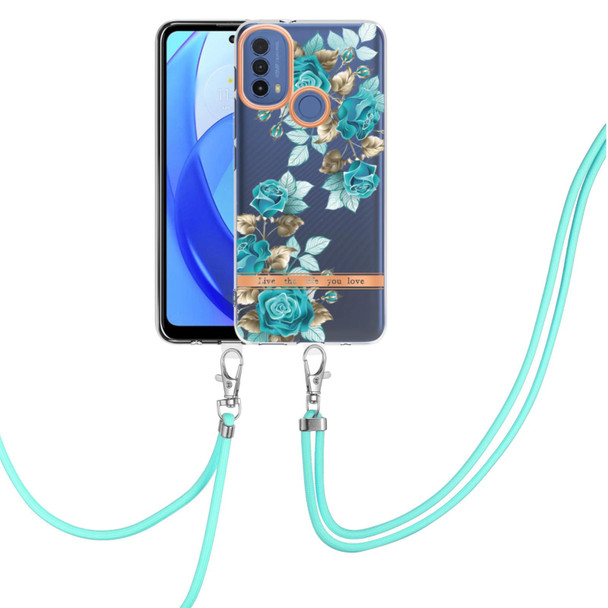Motorola Moto E20 / E30 / E40 Flowers Series TPU Phone Case with Lanyard(Blue Rose)