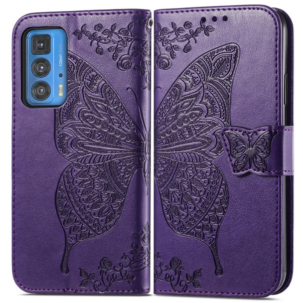 Butterfly Love Flowers Embossed Horizontal Flip Leatherette Case with Holder & Card Slots & Wallet & Lanyard - Motorola Edge 20 Pro(Dark Purple)