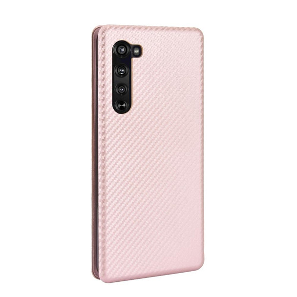 Motorola Moto Edge Carbon Fiber Texture Magnetic Horizontal Flip TPU + PC + PU Leather Case with Rope & Card Slot(Pink)