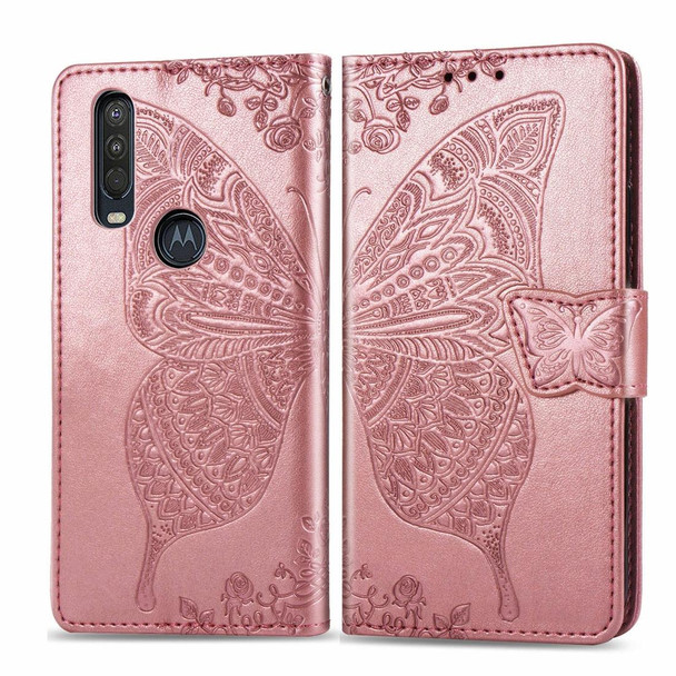 Motorola One Action Butterfly Love Flower Embossed Horizontal Flip Leather Case with Bracket Lanyard Card Slot Wallet(Rose Gold)