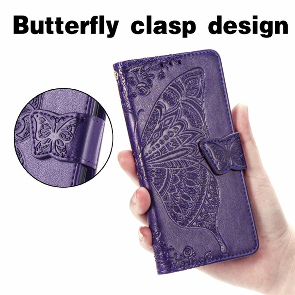 Motorola Moto Edge 20 Lite Butterfly Love Flower Embossed Horizontal Flip Leather Case with Holder & Card Slots & Wallet & Lanyard(Dark Purple)