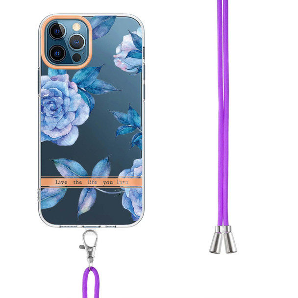 Flowers Series TPU Phone Case with Lanyard - iPhone 12 Pro Max(Blue Peony)