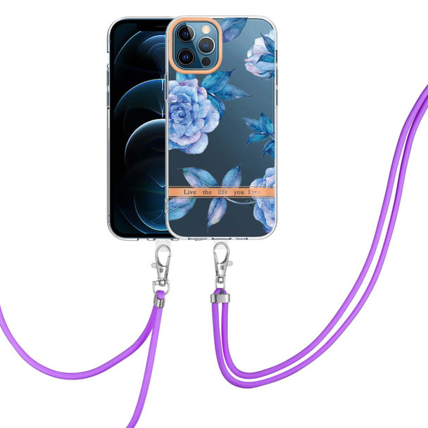 Flowers Series TPU Phone Case with Lanyard - iPhone 12 Pro Max(Blue Peony)