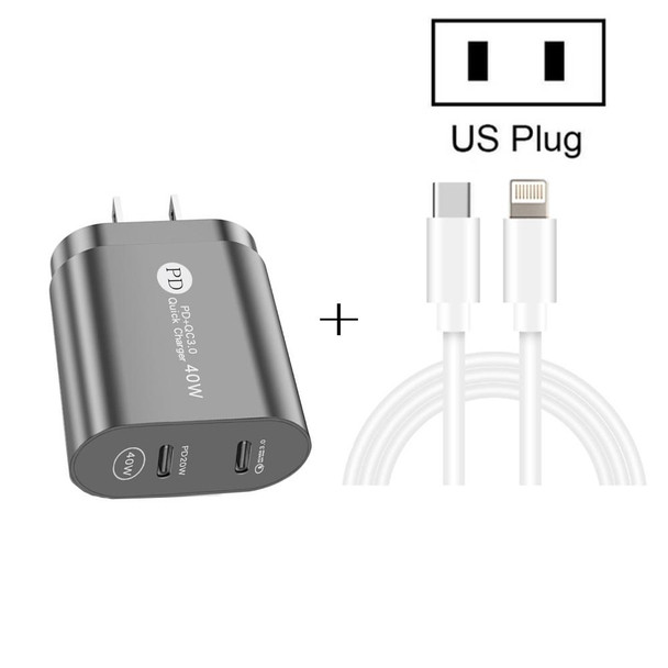 002 40W Dual Port PD / Type-C Fast Charger with USB-C to 8 Pin Data Cable, US Plug(Black)