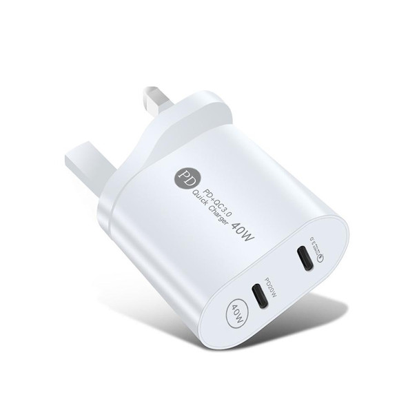 002 40W Dual Port PD USB-C / Type-C Fast Charger for iPhone / iPad Series, UK Plug(White)