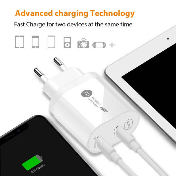 002 40W Dual Port PD / Type-C Fast Charger with USB-C to 8 Pin Data Cable, EU Plug(Black)