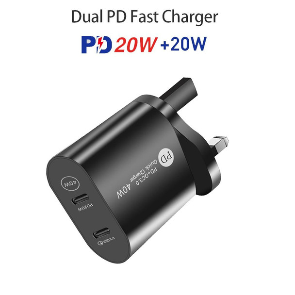 002 40W Dual Port PD USB-C / Type-C Fast Charger for iPhone / iPad Series, UK Plug(Black)