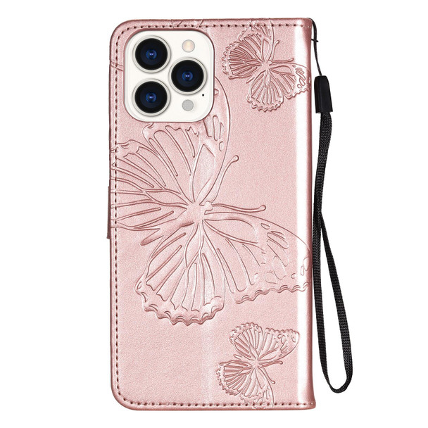 3D Butterfly Embossed Pattern Horizontal Flip Leatherette Case with Holder & Card Slot & Wallet & Lanyard - iPhone 13 Pro Max(Rose Gold)