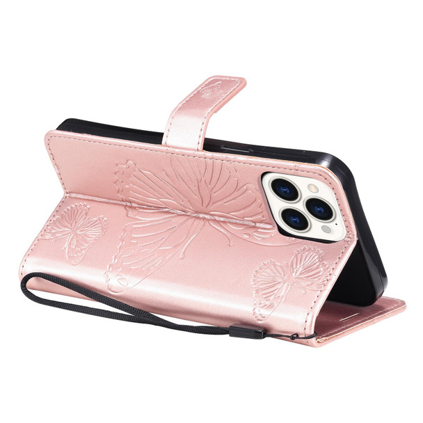 3D Butterfly Embossed Pattern Horizontal Flip Leatherette Case with Holder & Card Slot & Wallet & Lanyard - iPhone 13 Pro Max(Rose Gold)