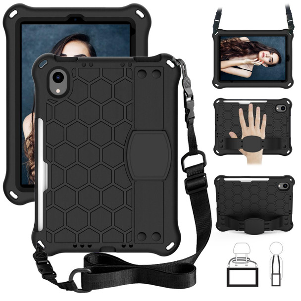 Honeycomb Design EVA + PC Material Four Corner Anti Falling Flat Protective Shell With Strap - iPad mini 6 2021(Black+Black)