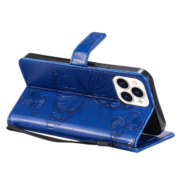3D Butterfly Embossed Pattern Horizontal Flip Leatherette Case with Holder & Card Slot & Wallet & Lanyard - iPhone 13 Pro Max(Blue)
