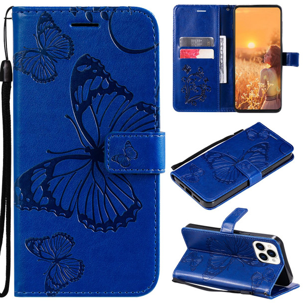 3D Butterfly Embossed Pattern Horizontal Flip Leatherette Case with Holder & Card Slot & Wallet & Lanyard - iPhone 13 Pro Max(Blue)