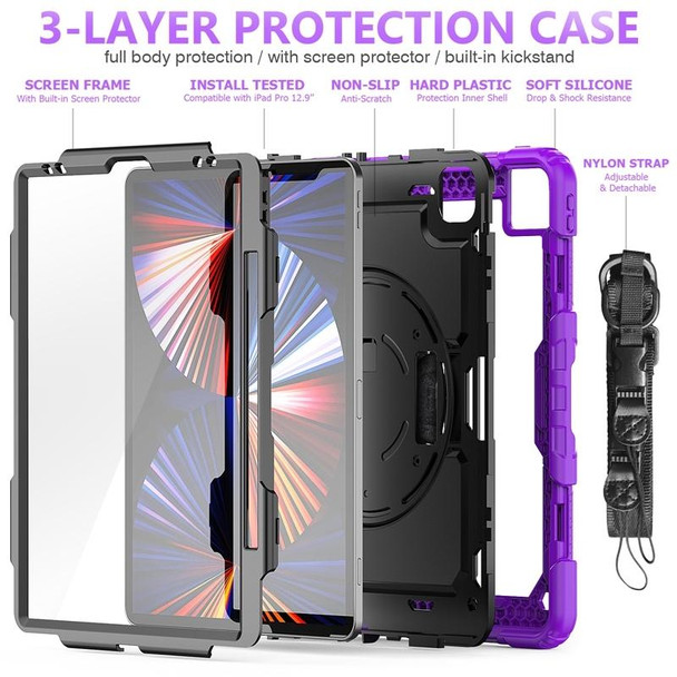 Shockproof Colorful Silicone + PC Protective Tablet Case with Holder & Shoulder Strap & Hand Strap & Pen Slot - iPad Pro 12.9 2021 / 2020 / 2018(Purple Silicone)