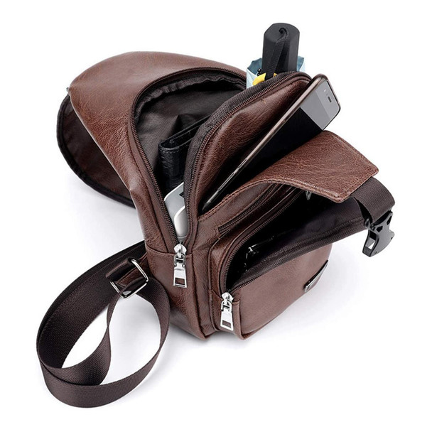 Waterproof Leisure PU Leather Single Shoulder Bag Men Chest Bag with USB Charging Port and Headphone Hole(Dark Brown)