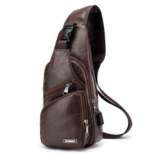 Waterproof Leisure PU Leather Single Shoulder Bag Men Chest Bag with USB Charging Port and Headphone Hole(Dark Brown)