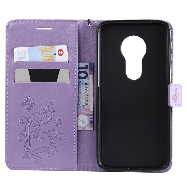 Butterfly Embossing Pattern Horizontal Flip Leatherette Case for Motorola Moto G7 Play, with Card Slot & Holder & Wallet & Lanyard (Purple)
