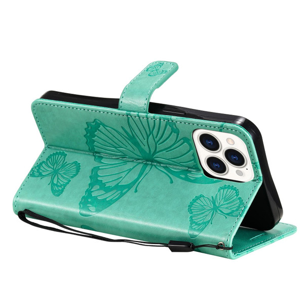 3D Butterfly Embossed Pattern Horizontal Flip Leatherette Case with Holder & Card Slot & Wallet & Lanyard - iPhone 13 Pro Max(Green)