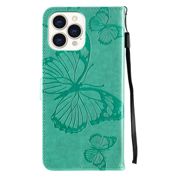 3D Butterfly Embossed Pattern Horizontal Flip Leatherette Case with Holder & Card Slot & Wallet & Lanyard - iPhone 13 Pro Max(Green)